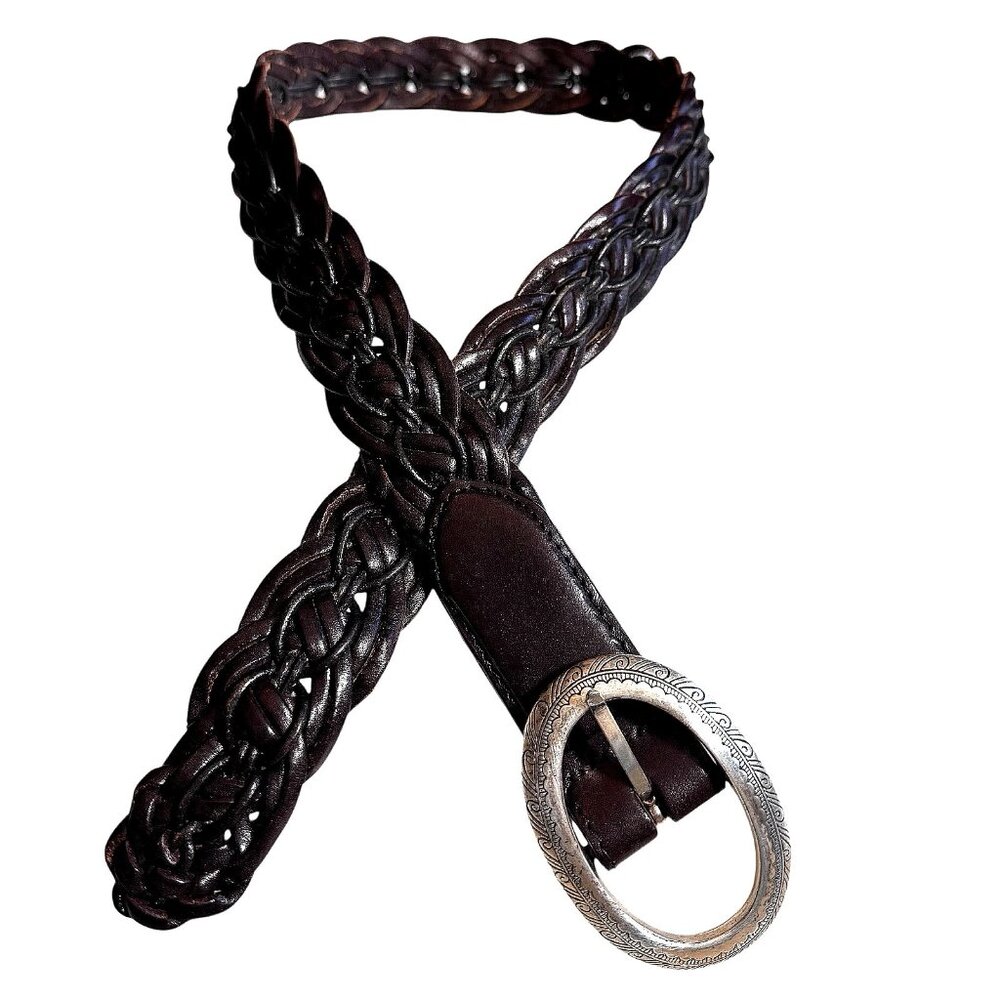 Brighton Woven leather belt #95708 Silver plated oval buckel brown leather